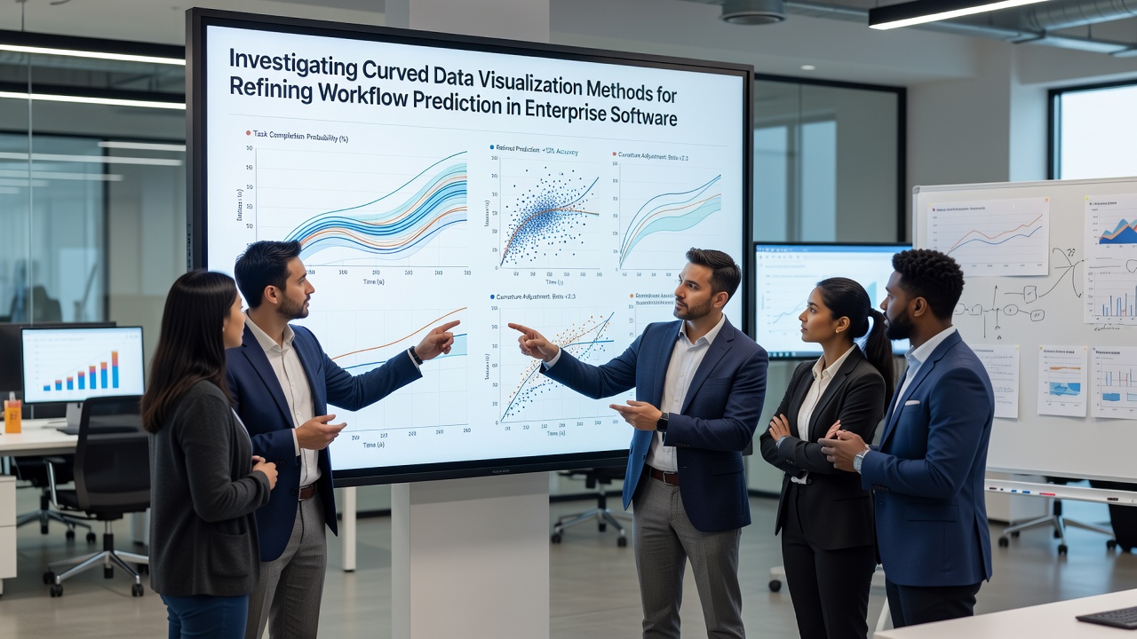 Enterprise workflow prediction model with curved trend lines overlaid on operational metrics